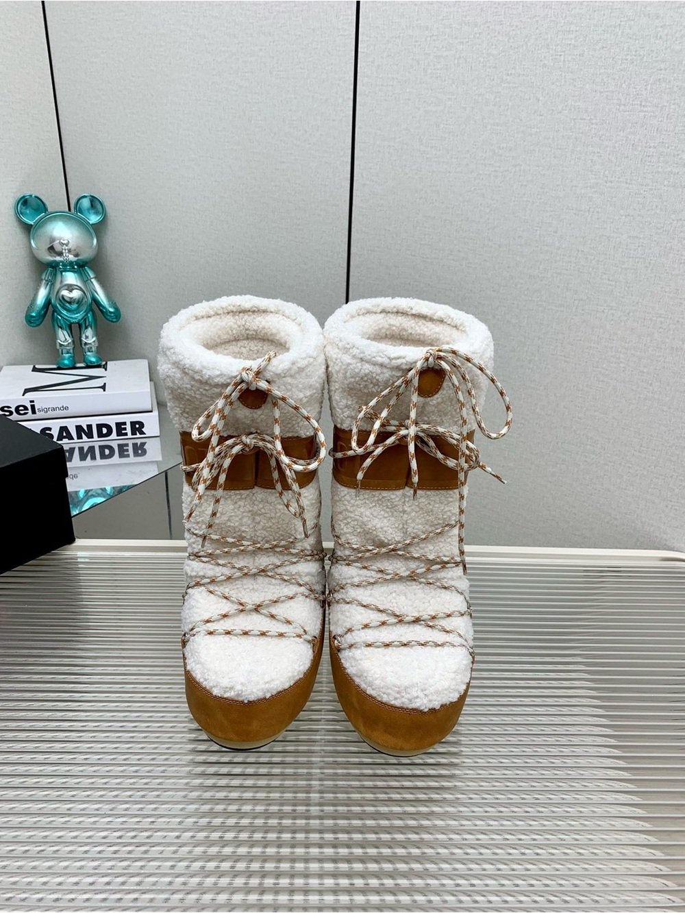 Moon Boot Women's Shearling Lace-Up Snow Boots in White & Tan
